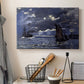 Canvas art print detailing an atmospheric maritime view with ships in moonlit darkness, displayed in a softly lit workspace setting