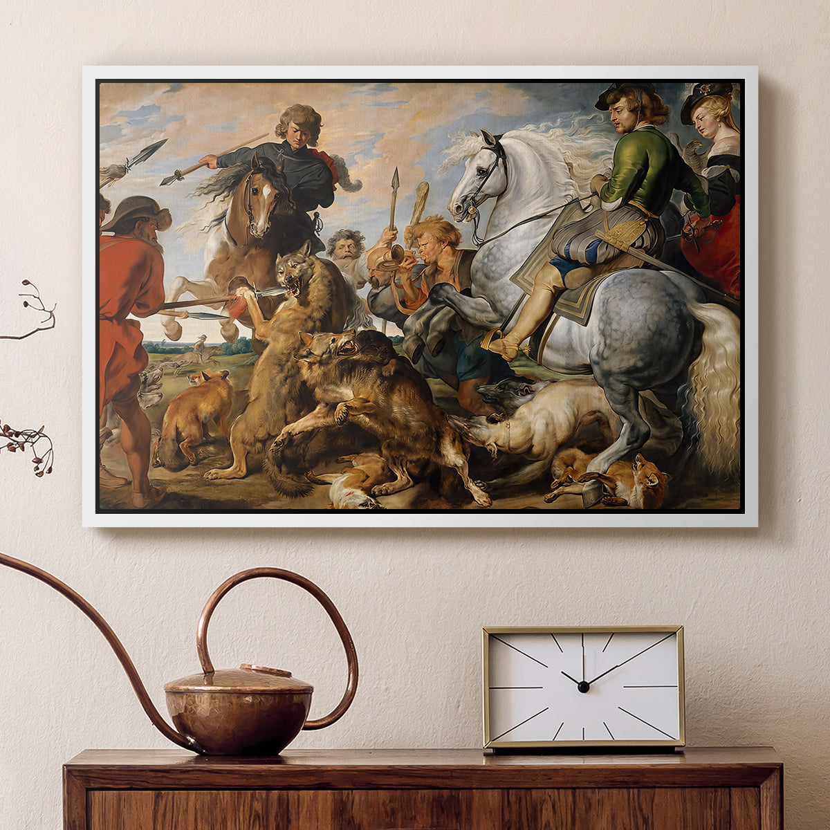 The Wolf and Fox Hunt, c. 1616 - Floater Framed Canvas Print