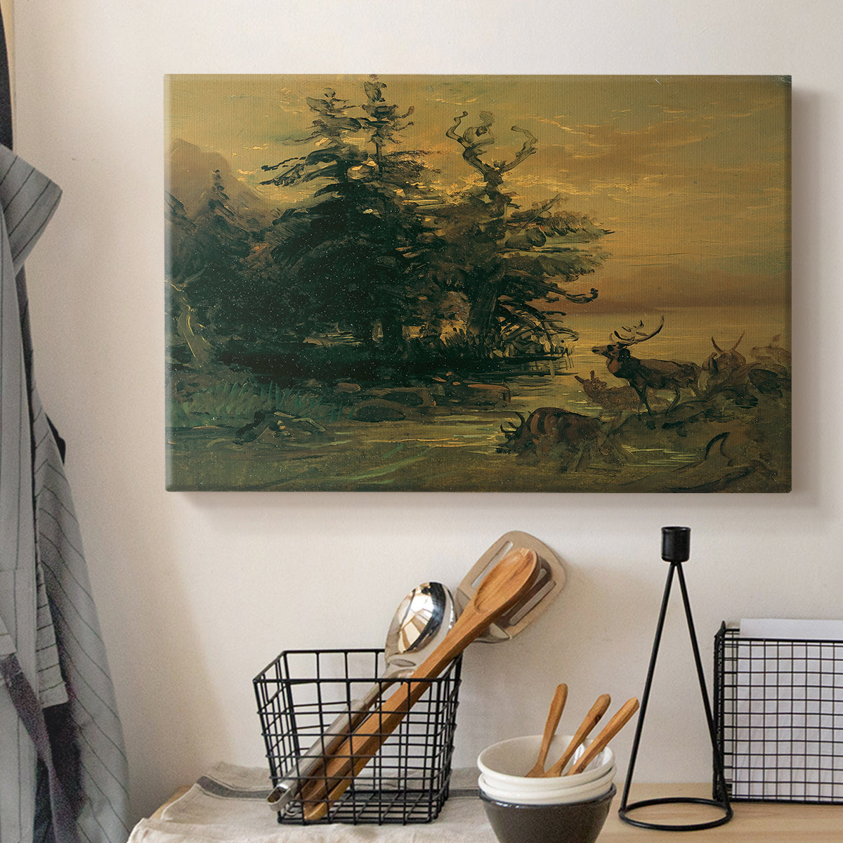 Canvas art print detailing a natural habitat depiction, displayed in a softly lit workspace setting