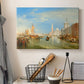 Canvas art print detailing a coastal urban composition, displayed in a softly lit workspace setting