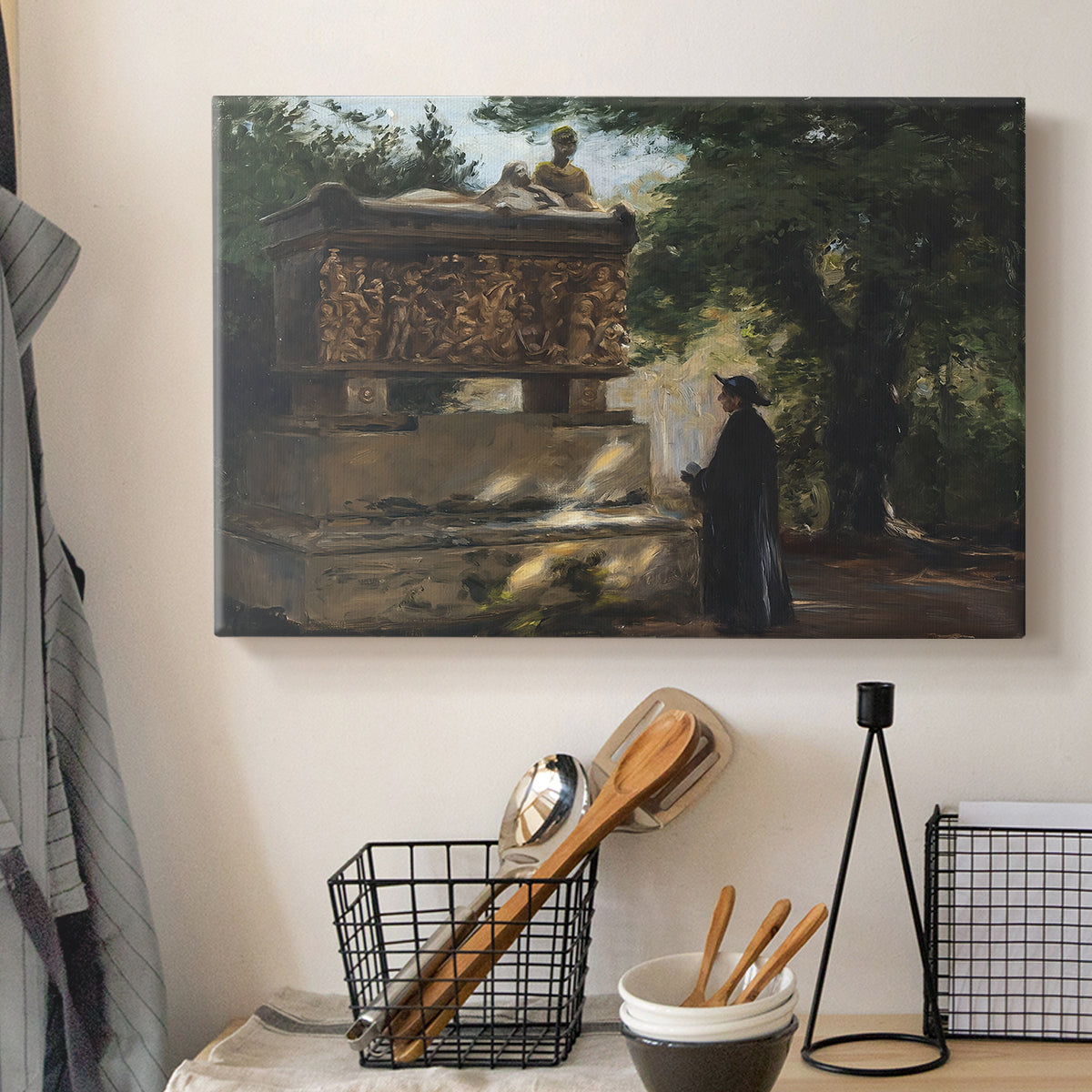 Canvas art print detailing a contemplative moment with figure in sacred environment, displayed in a softly lit workspace setting