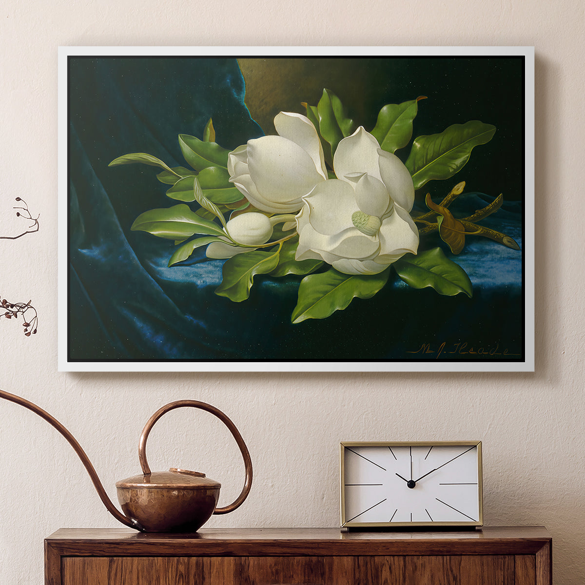 Giant Magnolias on a Blue Velvet Cloth, c. 1890 - Floater Framed Canvas Print