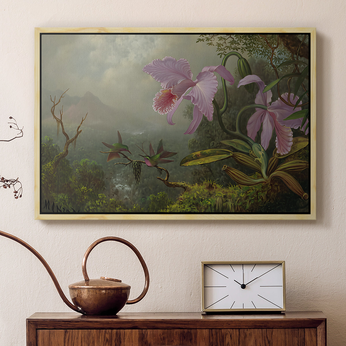 Two Sun Angel Hummingbirds on a Branch, c. 1890-1904 - Floater Framed Canvas Print