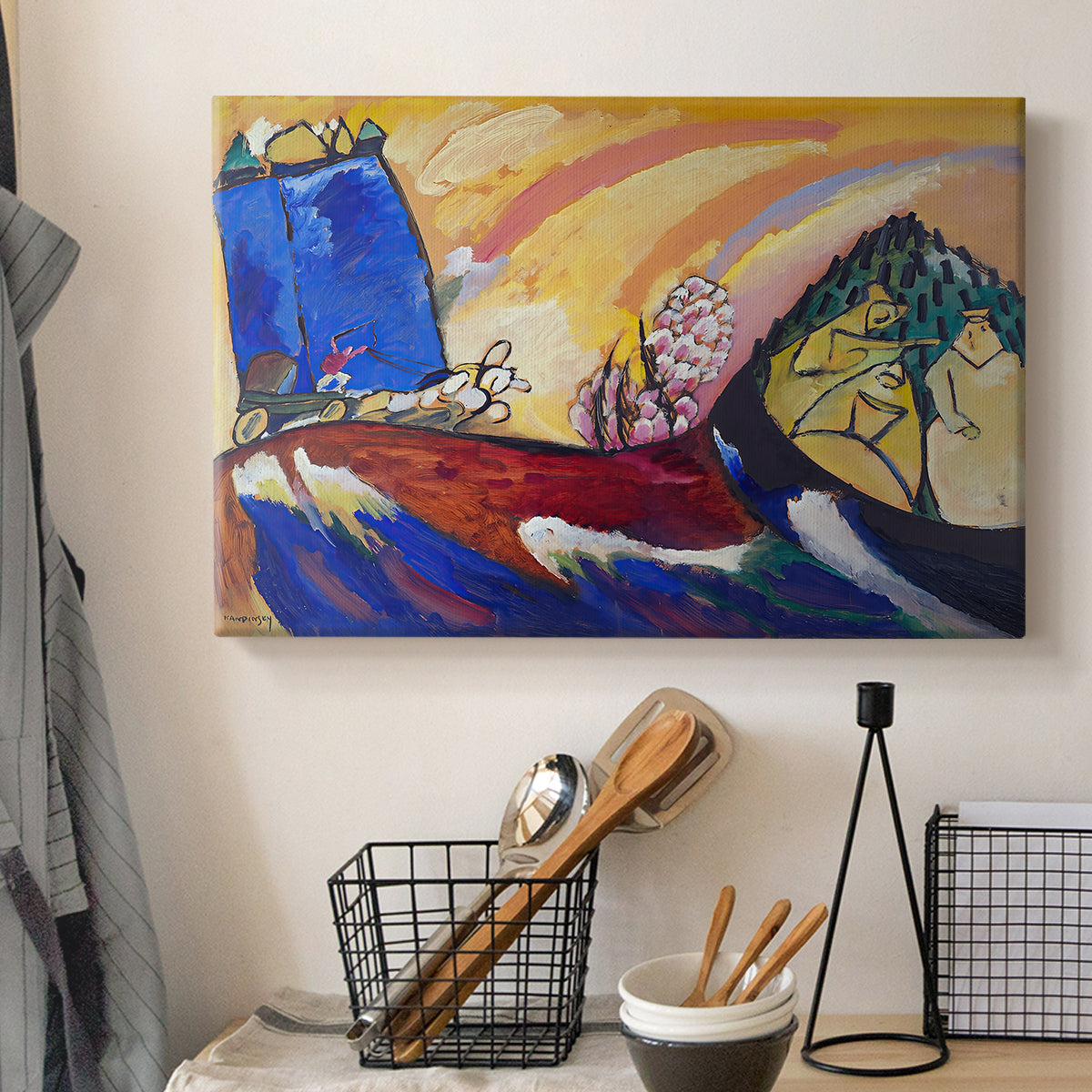 Canvas art print detailing a stylized depiction of movement using bold strokes and color, displayed in a softly lit workspace setting