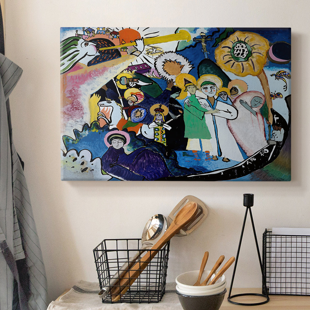 Canvas art print detailing a complex composition emphasizing color intensity and structure, displayed in a softly lit workspace setting