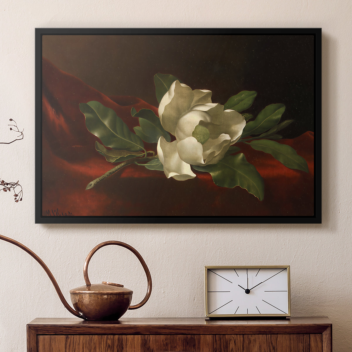 Magnolia on Red Velvet, c. 1885-1890 - Floater Framed Canvas Print