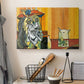 Canvas art print detailing a contemporary expressive scene, displayed in a softly lit workspace setting