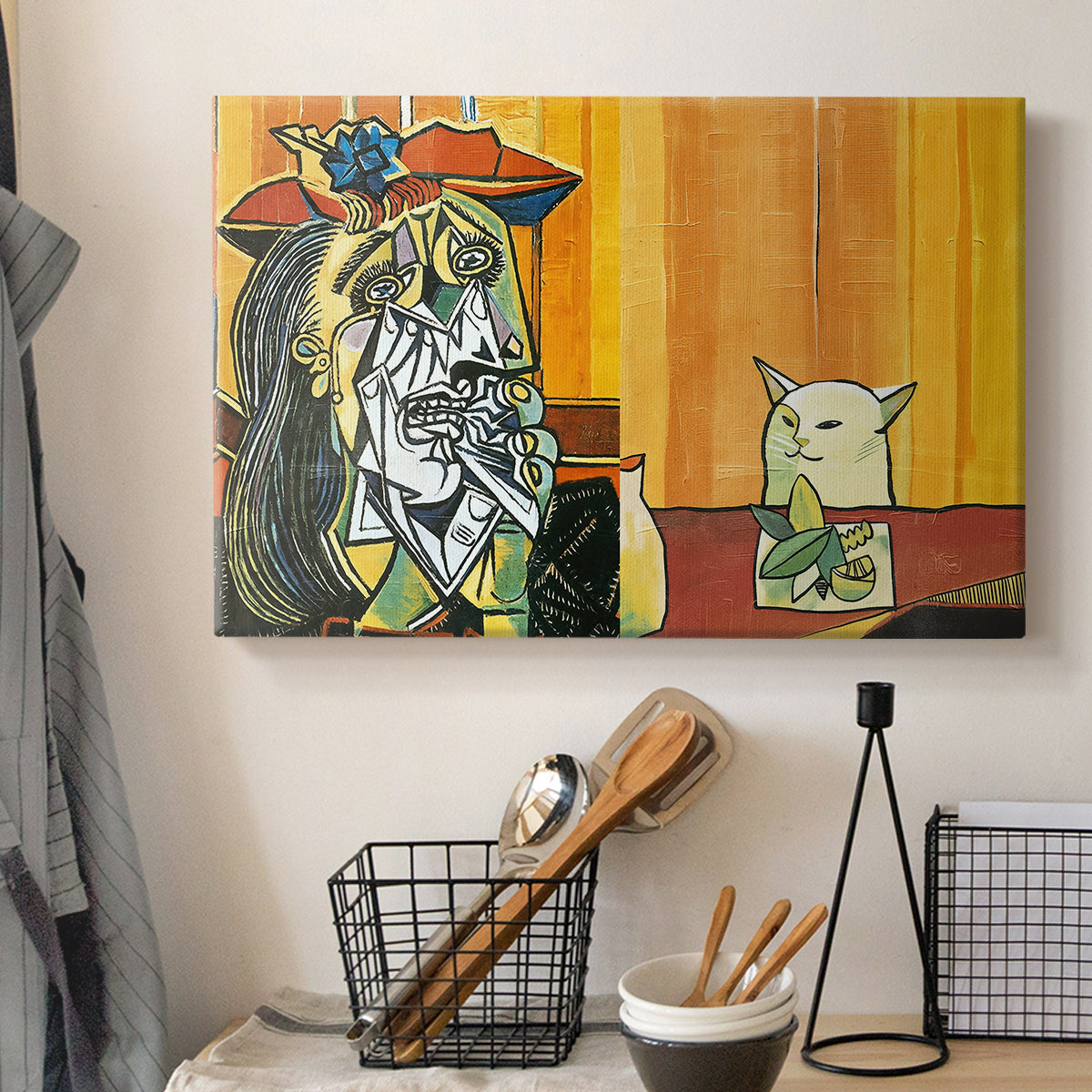 Canvas art print detailing a contemporary expressive scene, displayed in a softly lit workspace setting