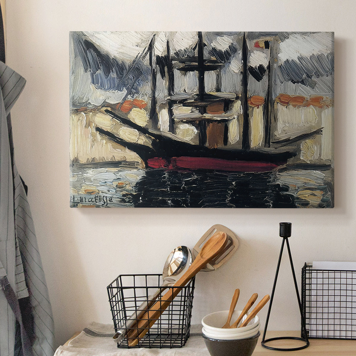 Canvas art print detailing a stylized nautical composition, displayed in a softly lit workspace setting