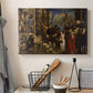Canvas art print detailing a densely populated biblical scene with strong vertical structure, displayed in a softly lit workspace setting