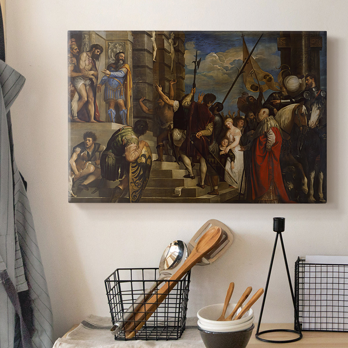 Canvas art print detailing a densely populated biblical scene with strong vertical structure, displayed in a softly lit workspace setting