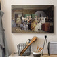 Canvas art print detailing a domestic gathering with figures arranged around bed, displayed in a softly lit workspace setting