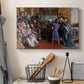 Canvas art print detailing a narrative composition with multiple figures in structured setting, displayed in a softly lit workspace setting