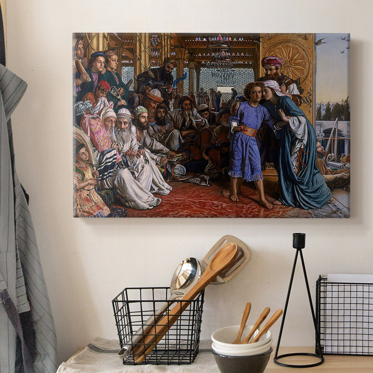 Canvas art print detailing a narrative composition with multiple figures in structured setting, displayed in a softly lit workspace setting
