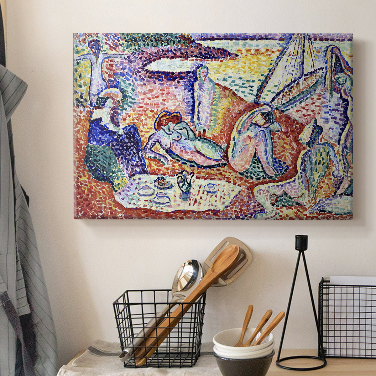 Canvas art print detailing a Fauvist coastal gathering with bright broken color, displayed in a softly lit workspace setting