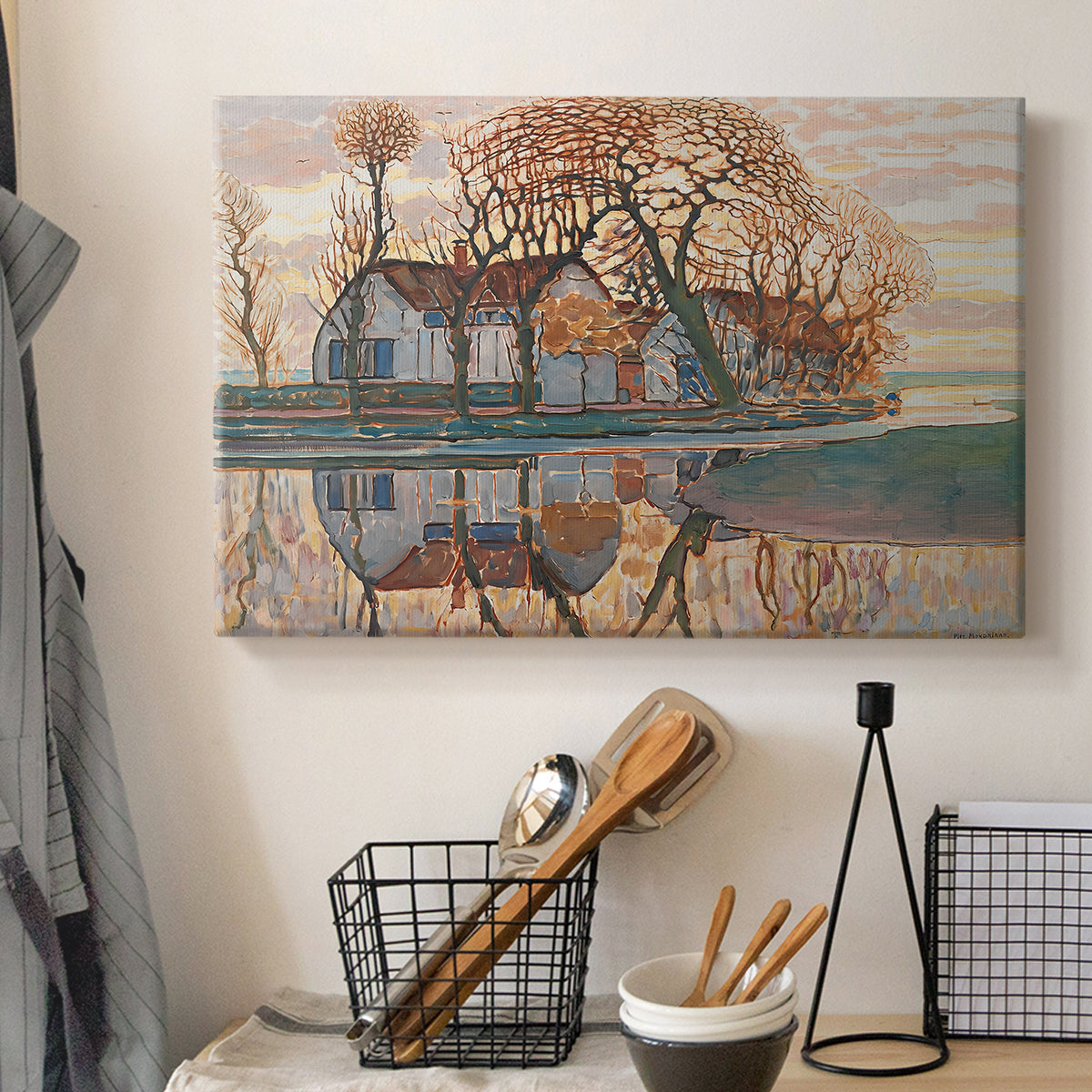 Canvas art print detailing a structured countryside with strong lines and contrast, displayed in a softly lit workspace setting