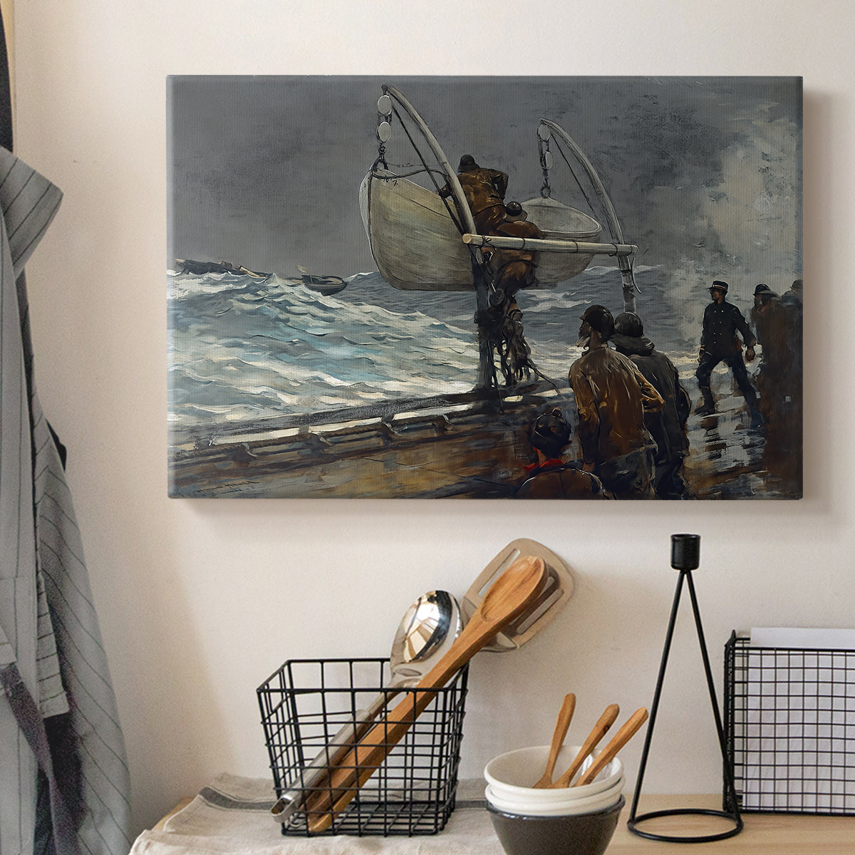 Canvas art print detailing a dramatic seaside moment with figures and distant ship, displayed in a softly lit workspace setting