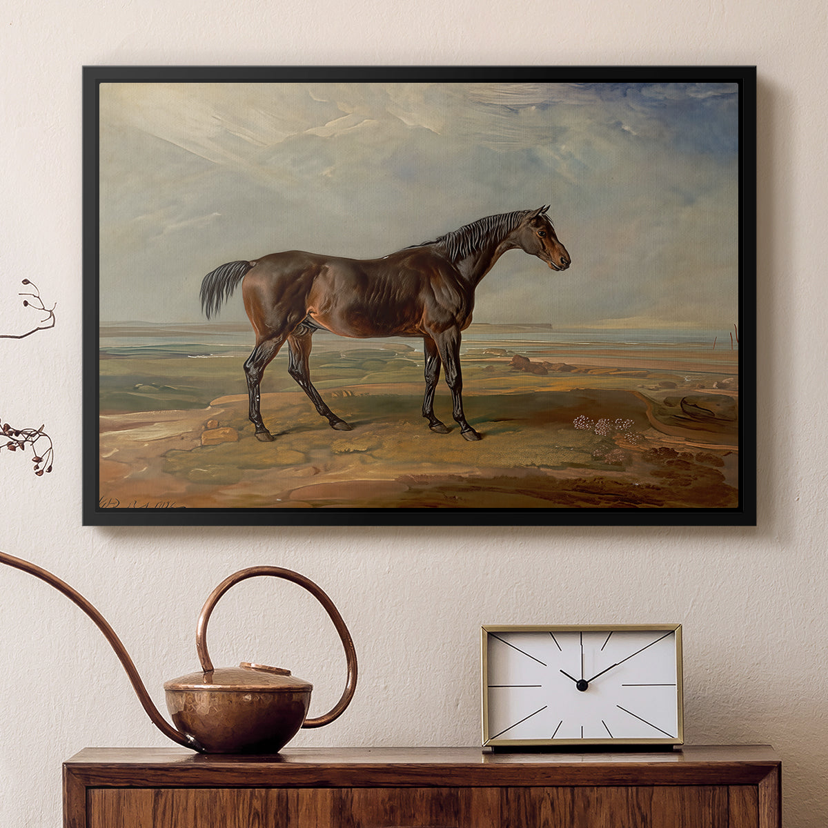 Dr. Syntax, a Bay Racehorse, Standing in a Coastal Landscape, an Estuary Beyond, c. 1820 - Floater Framed Canvas Print