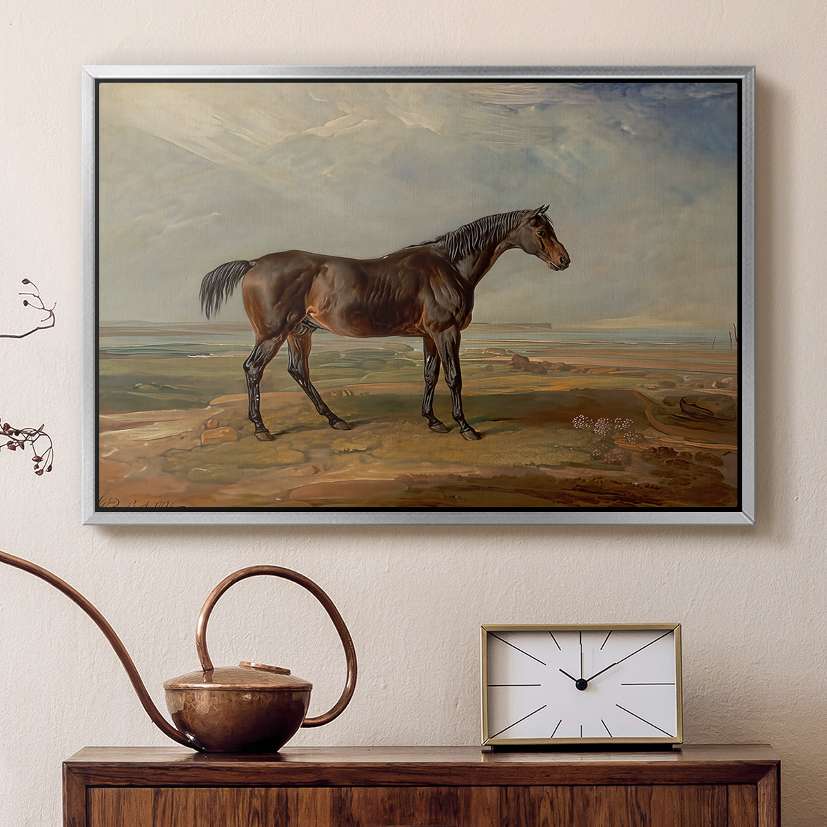 Dr. Syntax, a Bay Racehorse, Standing in a Coastal Landscape, an Estuary Beyond, c. 1820 - Floater Framed Canvas Print