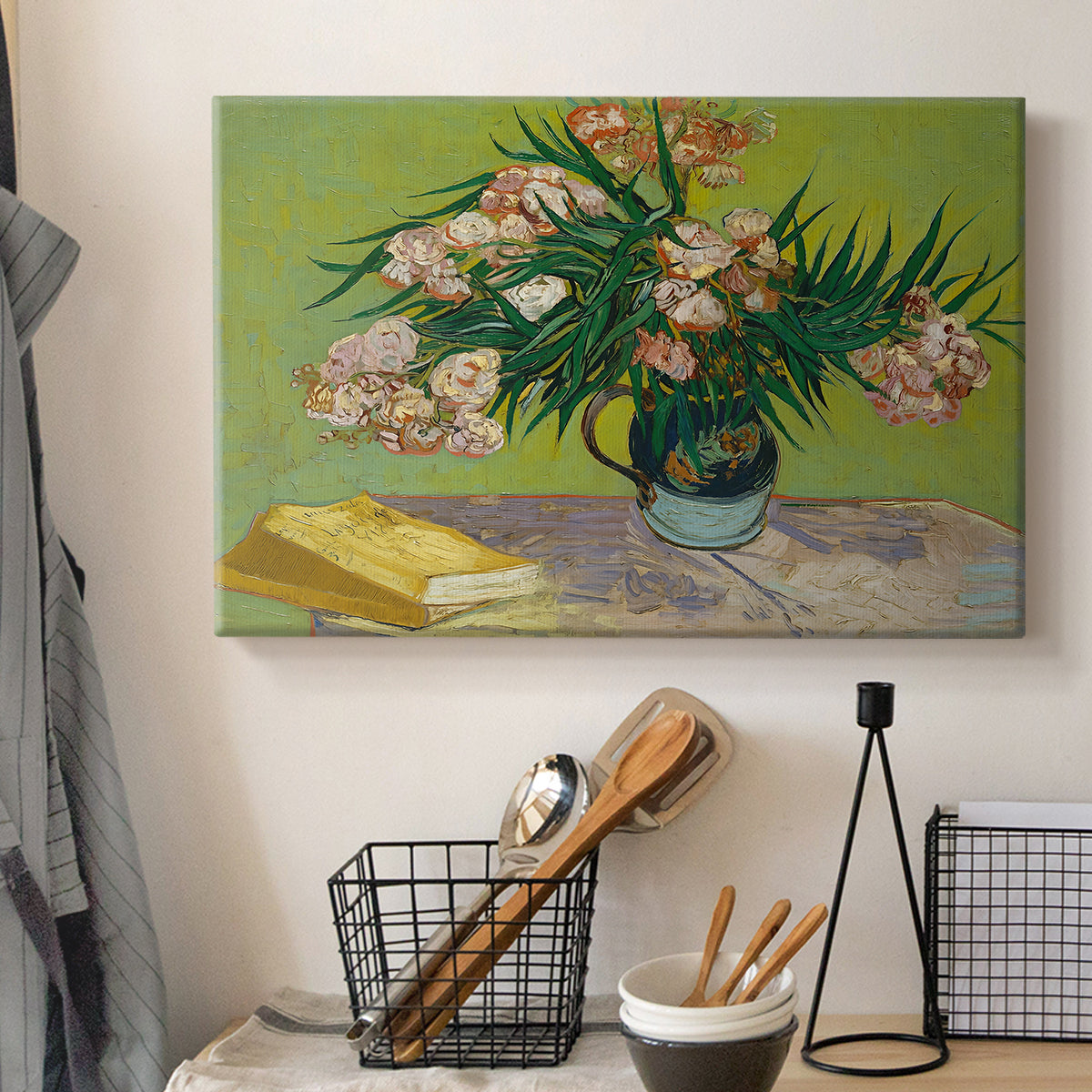 Canvas art print detailing a stylized arrangement emphasizing color and texture, displayed in a softly lit workspace setting