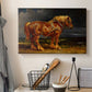 Canvas art print detailing an animal study of horse in broad rural setting, displayed in a softly lit workspace setting