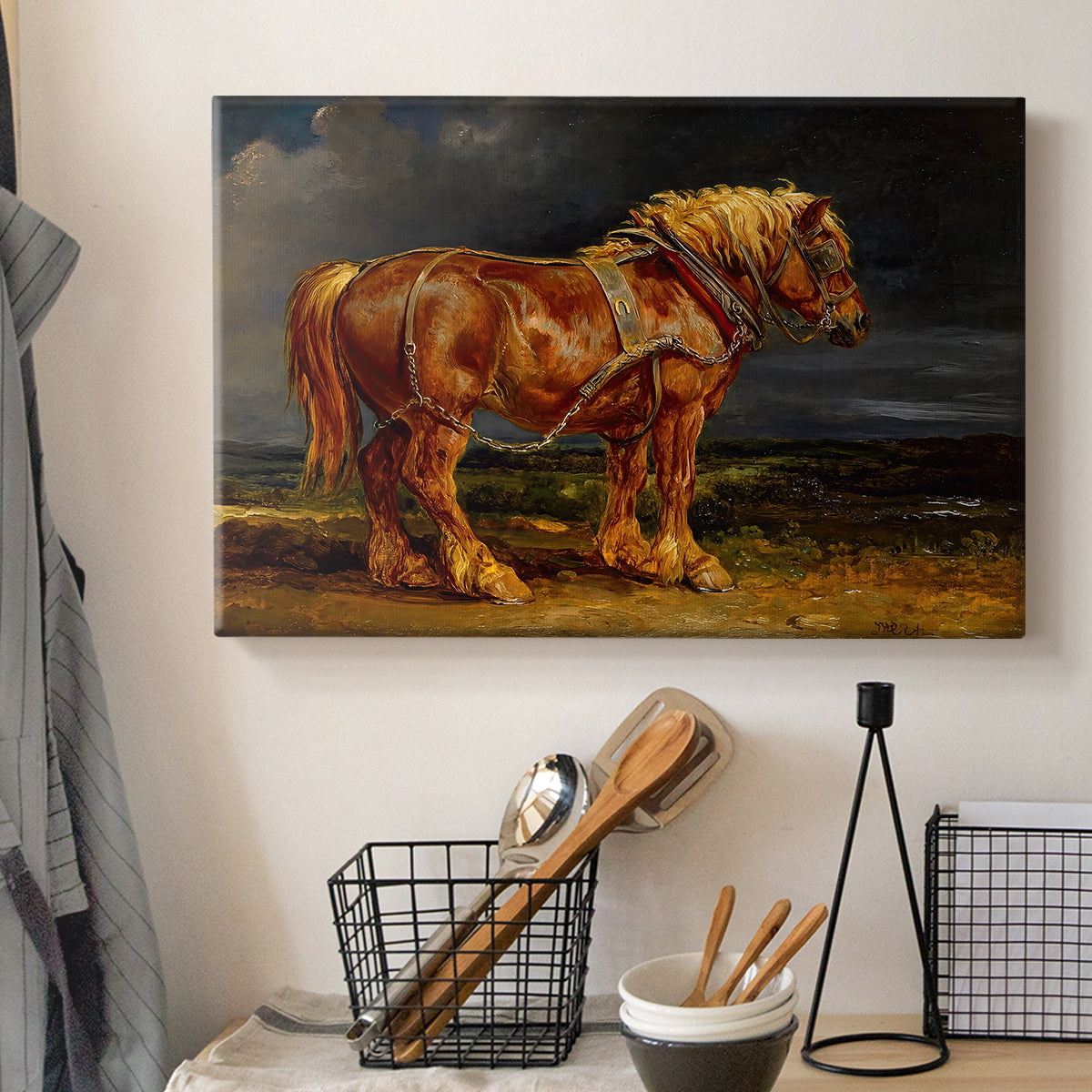 Canvas art print detailing an animal study of horse in broad rural setting, displayed in a softly lit workspace setting