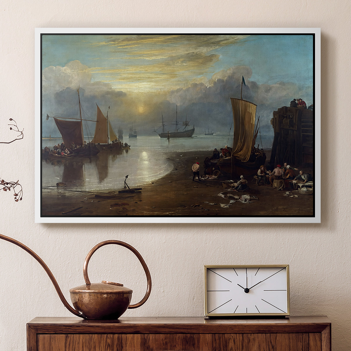 Sun Rising through Vapour: Fishermen Cleaning and Selling Fish, c. 1807 - Floater Framed Canvas Print