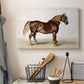 Canvas art print detailing a minimal portrait of horse with focus on form, displayed in a softly lit workspace setting