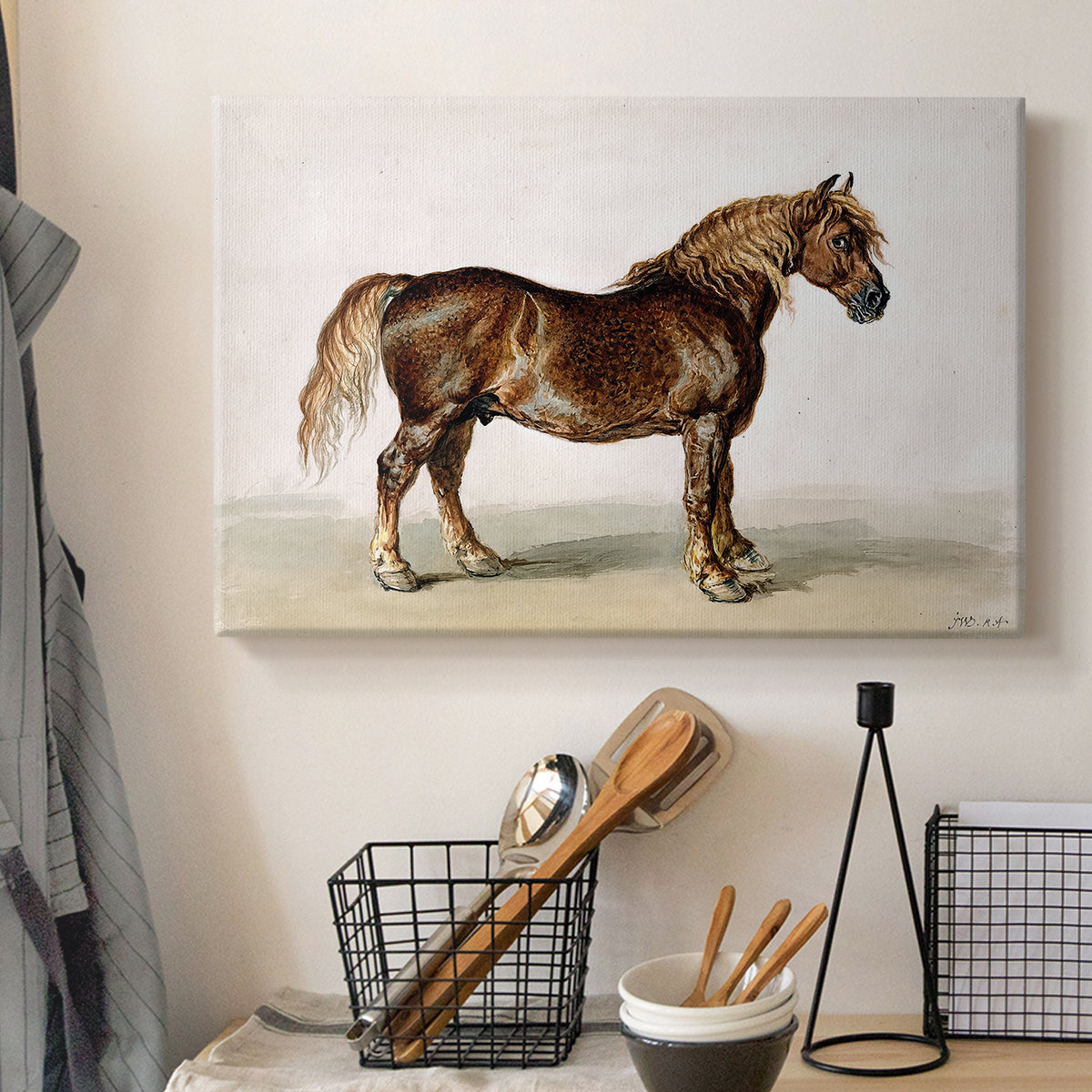 Canvas art print detailing a minimal portrait of horse with focus on form, displayed in a softly lit workspace setting