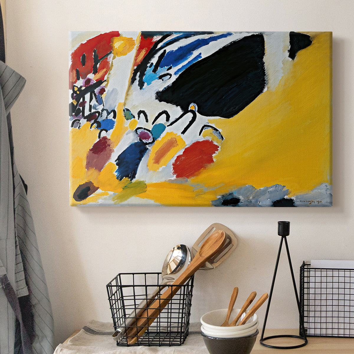 Canvas art print detailing an abstract depiction of concert atmosphere using color emphasis, displayed in a softly lit workspace setting