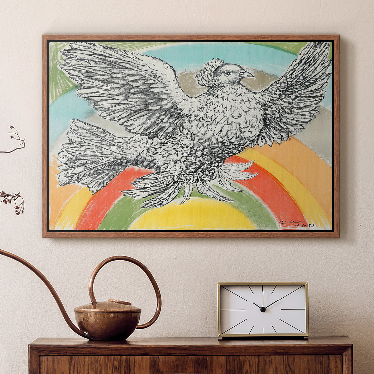 Flying Dove with Rainbow (Colombe volant à l'Arc-en-ciel), 1952 - Floater Framed Canvas Print