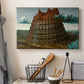 Canvas art print detailing a traditional composition showing large-scale building project, displayed in a softly lit workspace setting