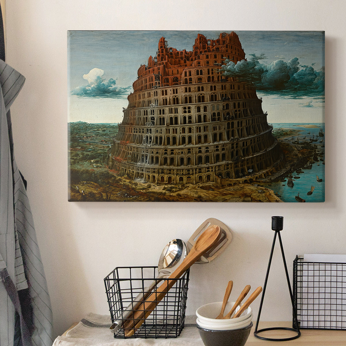 Canvas art print detailing a traditional composition showing large-scale building project, displayed in a softly lit workspace setting