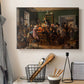 Canvas art print detailing an interior setting filled with figures engaged in event, displayed in a softly lit workspace setting