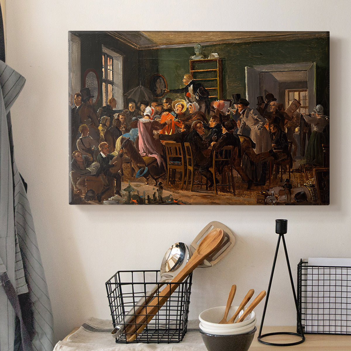 Canvas art print detailing an interior setting filled with figures engaged in event, displayed in a softly lit workspace setting