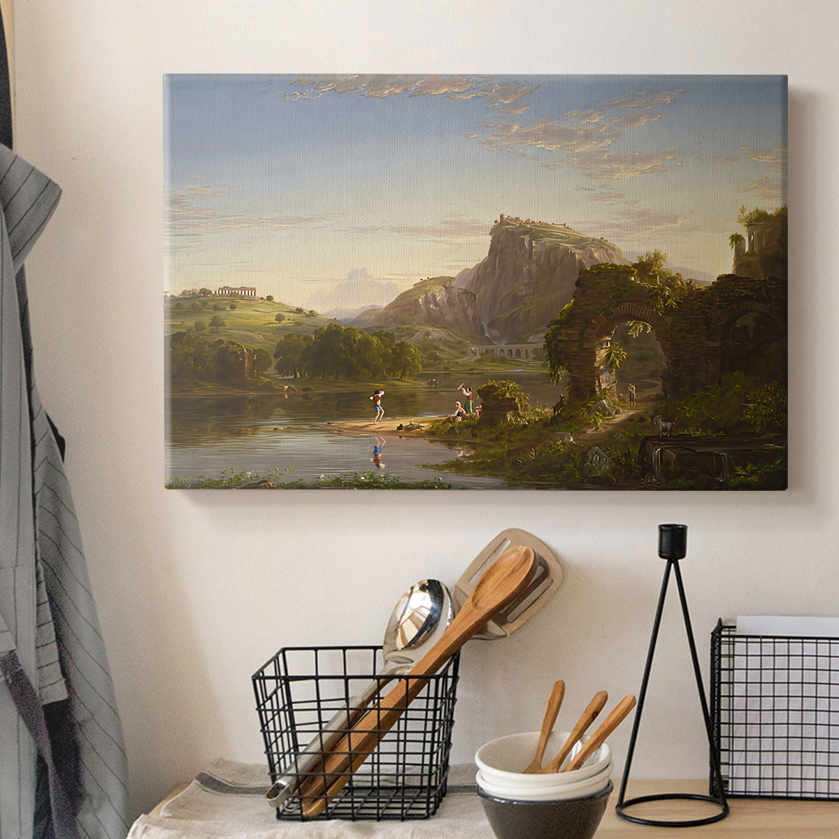 Canvas art print detailing an expressive countryside composition with balanced light, displayed in a softly lit workspace setting