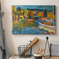 Canvas art print detailing a stylized scene emphasizing seasonal tones and structure, displayed in a softly lit workspace setting