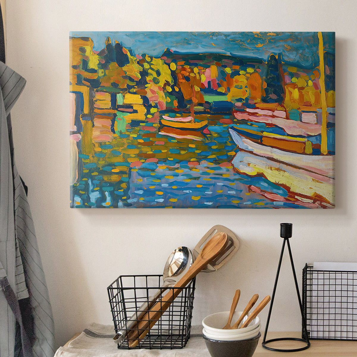 Canvas art print detailing a stylized scene emphasizing seasonal tones and structure, displayed in a softly lit workspace setting