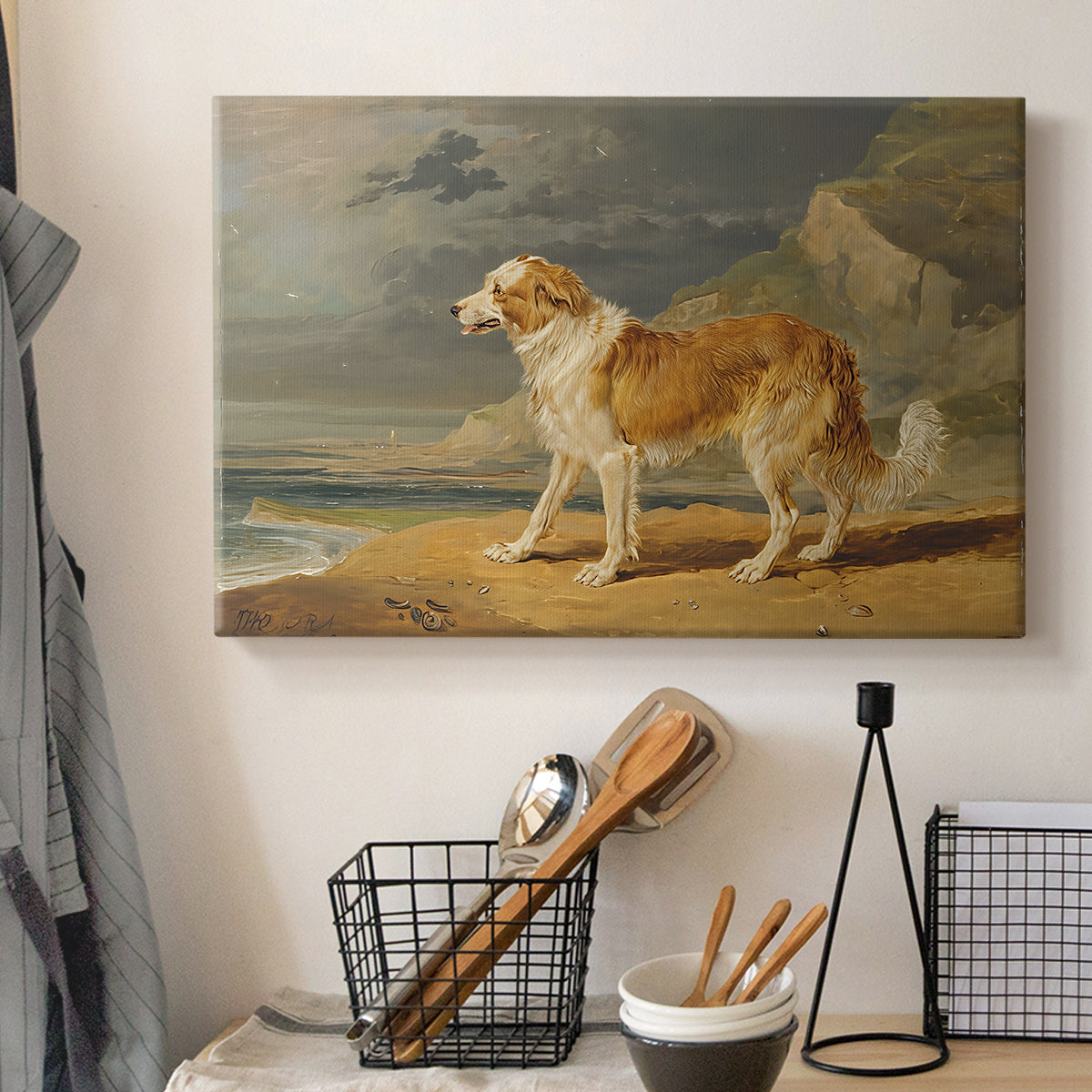 Canvas art print detailing an animal study of dog in natural setting, displayed in a softly lit workspace setting