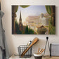 Canvas art print detailing a romantic architectural landscape with layered design, displayed in a softly lit workspace setting