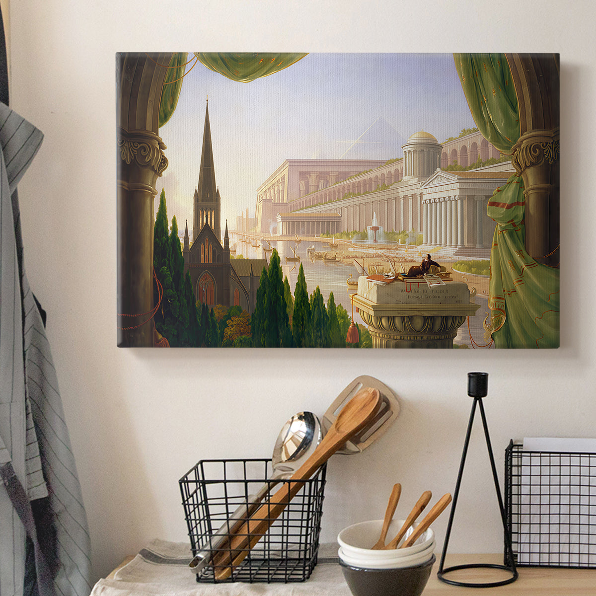Canvas art print detailing a romantic architectural landscape with layered design, displayed in a softly lit workspace setting