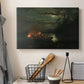 Canvas art print detailing an atmospheric scene of fishing under low light on still water, displayed in a softly lit workspace setting