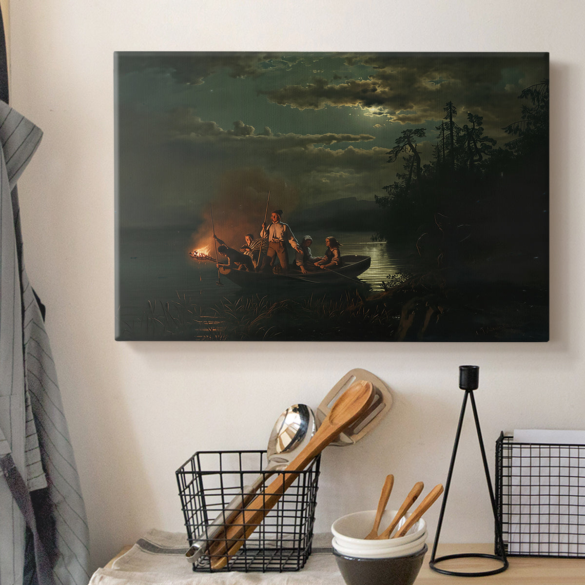 Canvas art print detailing an atmospheric scene of fishing under low light on still water, displayed in a softly lit workspace setting