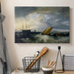Canvas art print detailing an expressive coastal composition, displayed in a softly lit workspace setting
