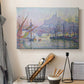 Canvas art print detailing a maritime composition with vessels, displayed in a softly lit workspace setting