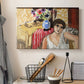 Canvas art print detailing a stylized interior portrait, displayed in a softly lit workspace setting