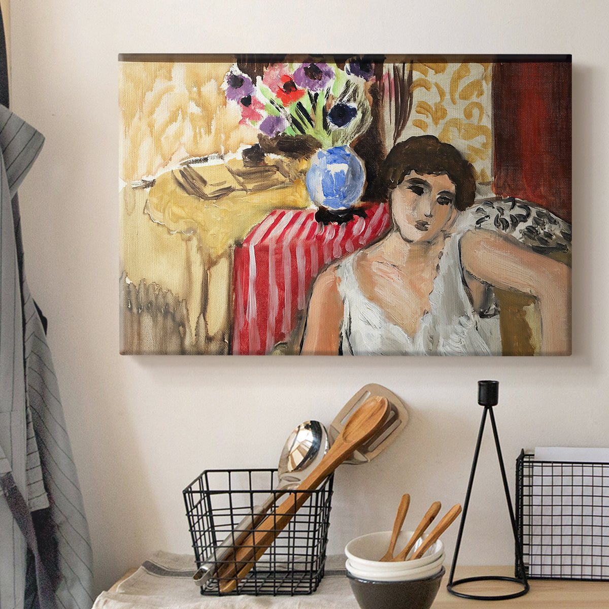 Canvas art print detailing a stylized interior portrait, displayed in a softly lit workspace setting