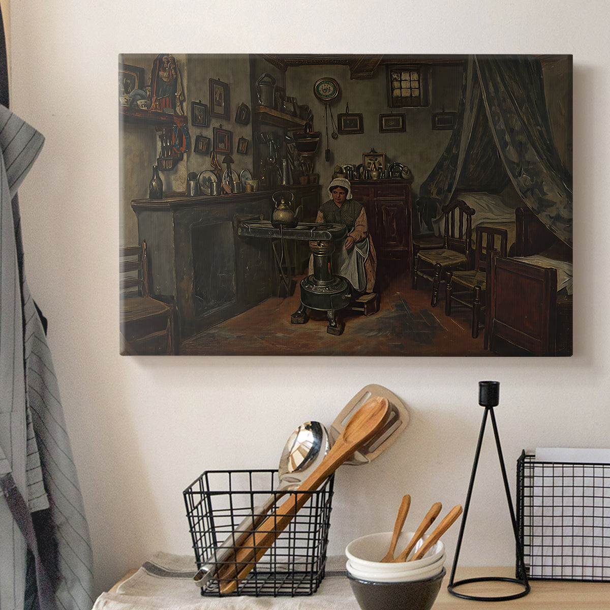 Canvas art print detailing an interior view with minimal objects and muted tones, displayed in a softly lit workspace setting
