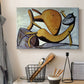 Canvas art print detailing a stylized animal interaction, displayed in a softly lit workspace setting