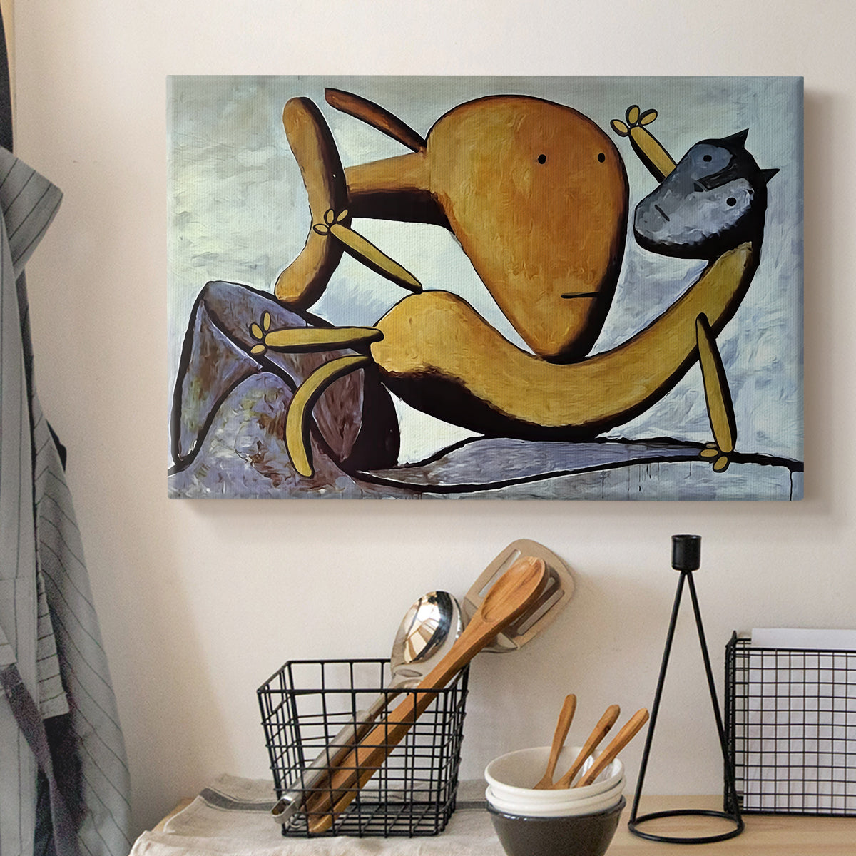 Canvas art print detailing a stylized animal interaction, displayed in a softly lit workspace setting